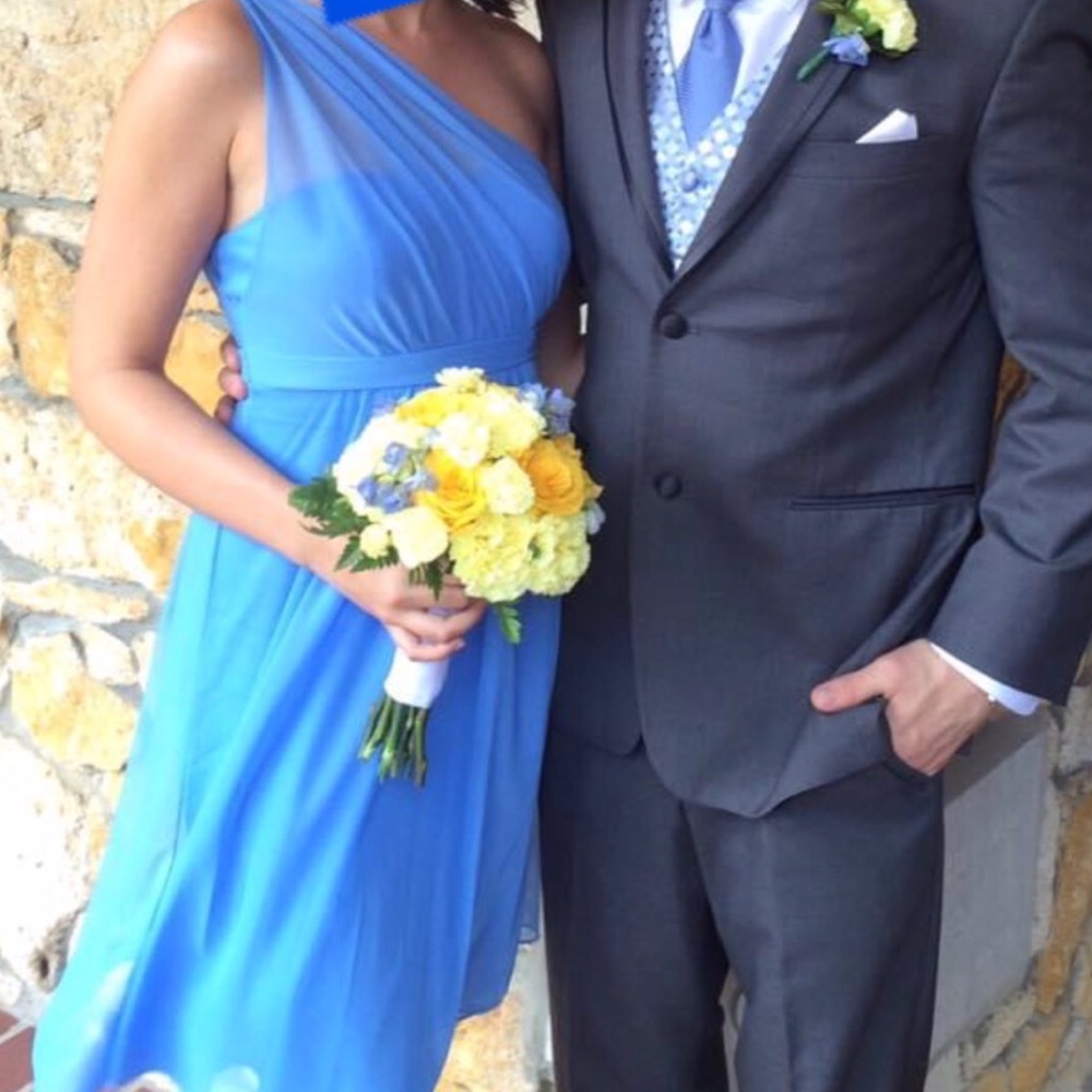 David’s bridal short dress in color cornflower